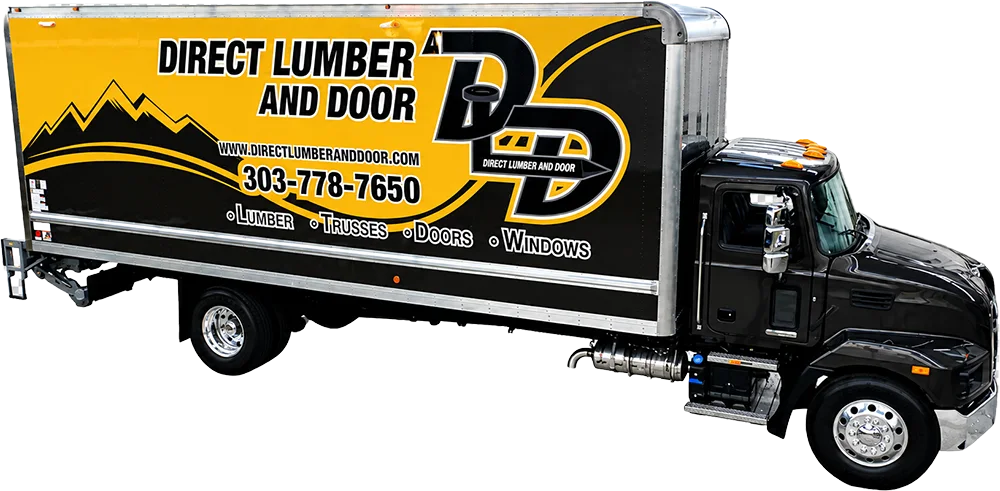 Direct Lumber and Door commercial box truck with a bold yellow and black vehicle wrap.