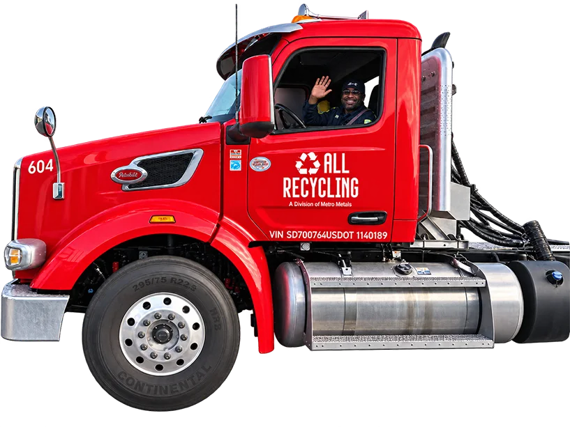 Red All Recycling commercial truck with company graphics and a driver waving from the cab.