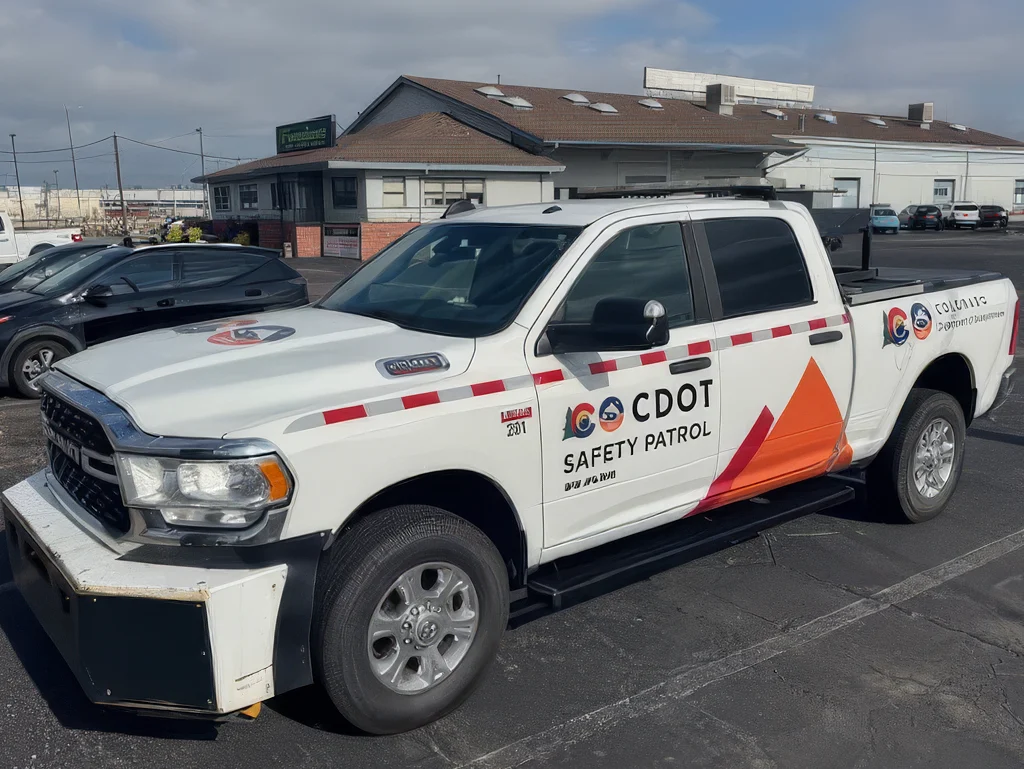 Fleet graphics on a CDOT Safety Patrol pickup truck featuring official logos, reflective striping, and orange geometric graphics.
