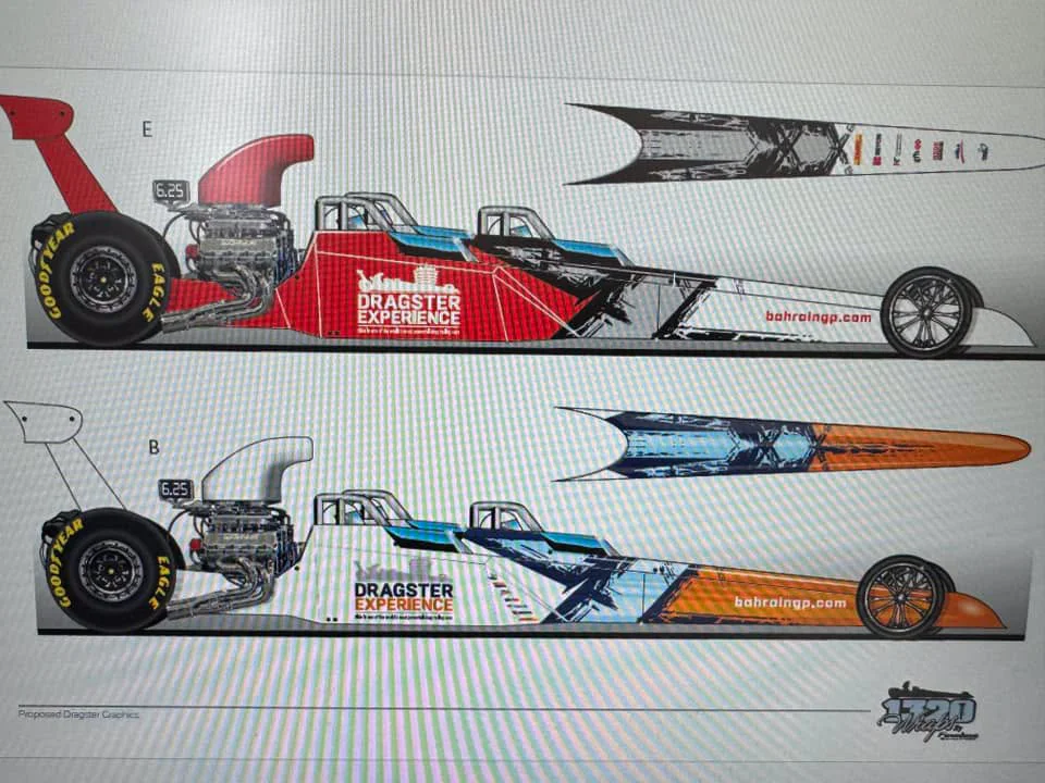 Graphic design concepts for a Dragster Experience race car wrap, showing two color variations with logos, sponsor graphics, and aerodynamic vehicle artwork.