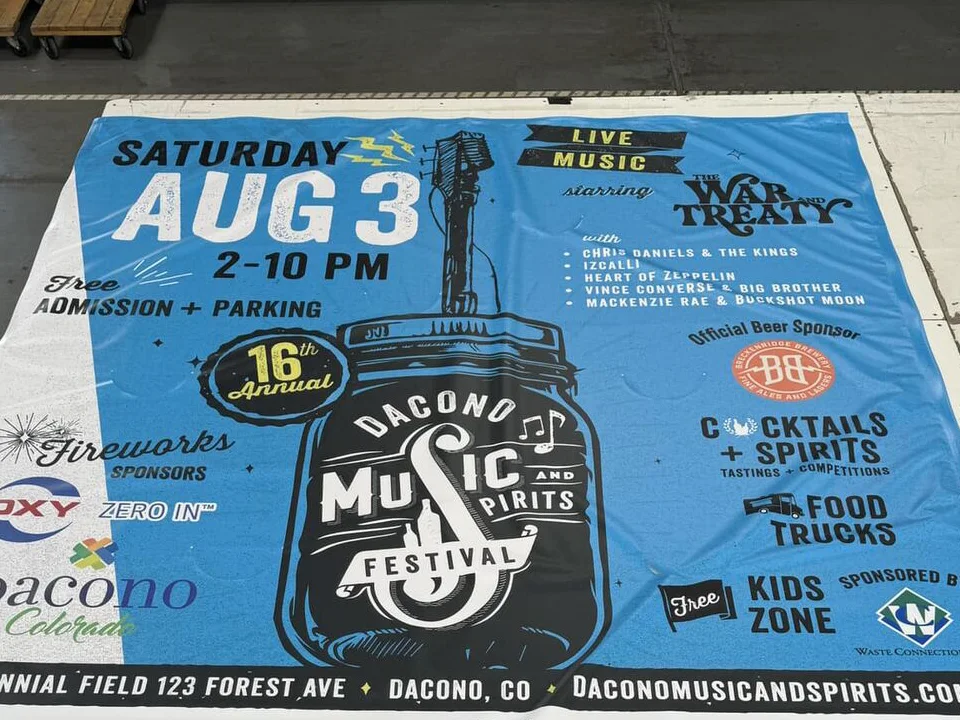 Print design for the Dacono Music & Spirits Festival featuring event details.