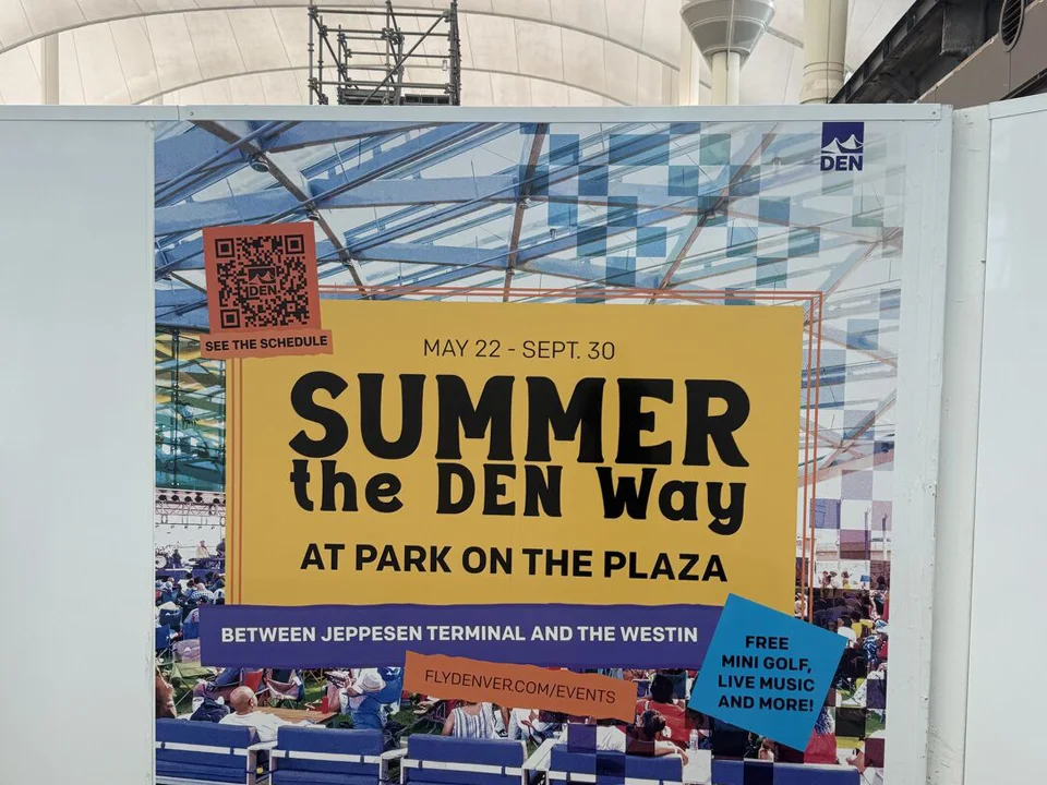 Sign design for Denver International Airport’s “Summer the DEN Way” promotion, featuring event dates, a QR code, bold typography, and activity information.