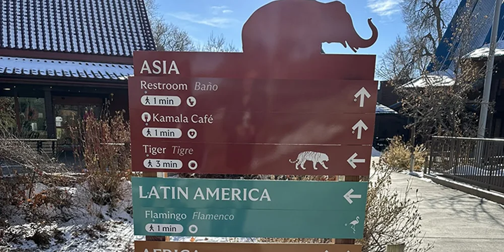 Wayfinding signage with directional information at the Denver zoo.